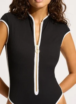 Beach Bound Cap Sleeve Zip Front One Piece