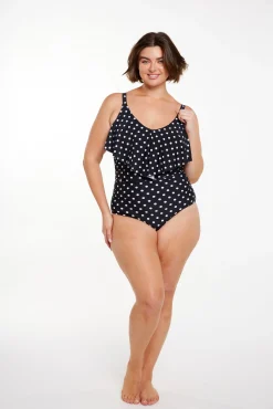 Black and White Dots Long Frill V Neck One Piece