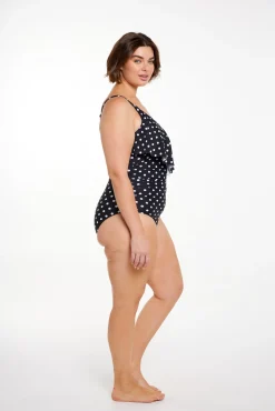 Black and White Dots Long Frill V Neck One Piece
