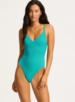 Mesh Effect V Neck One Piece
